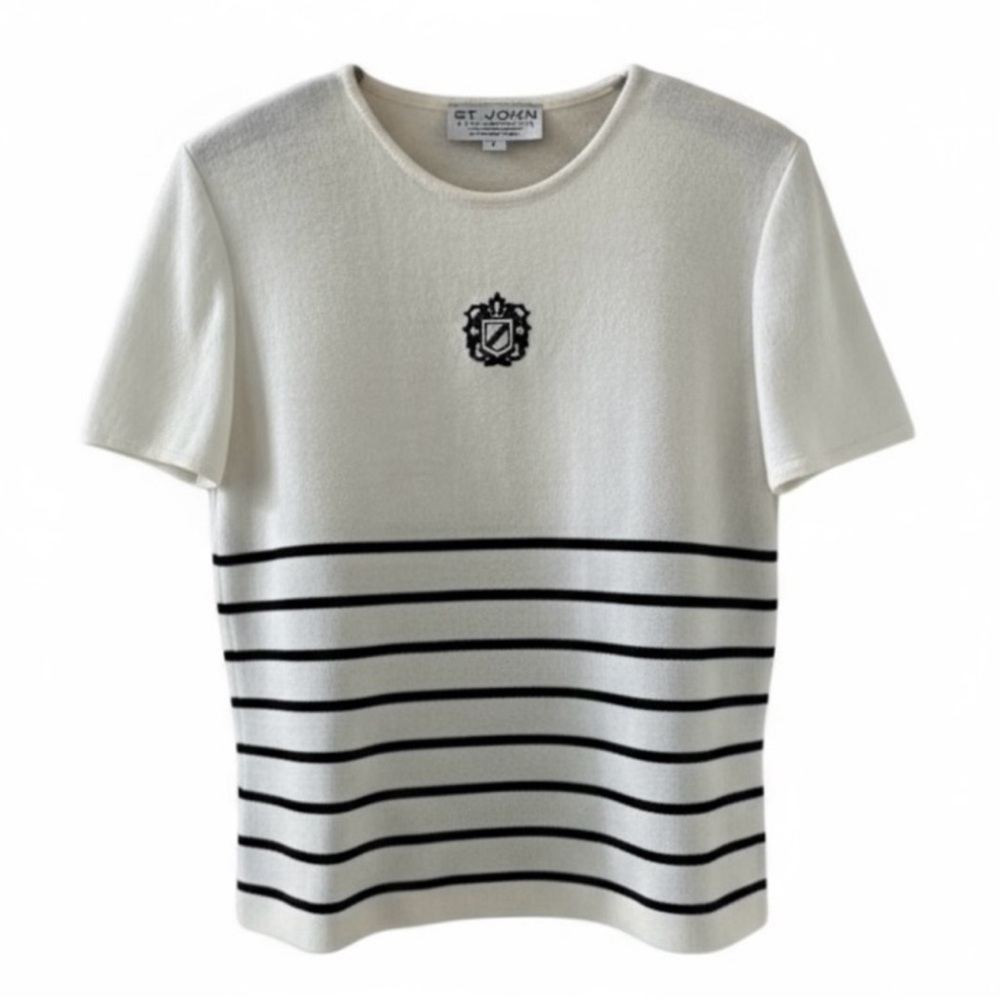 St. John Cream with Navy Stripes Short Sleeve Knit Sweater Size 2